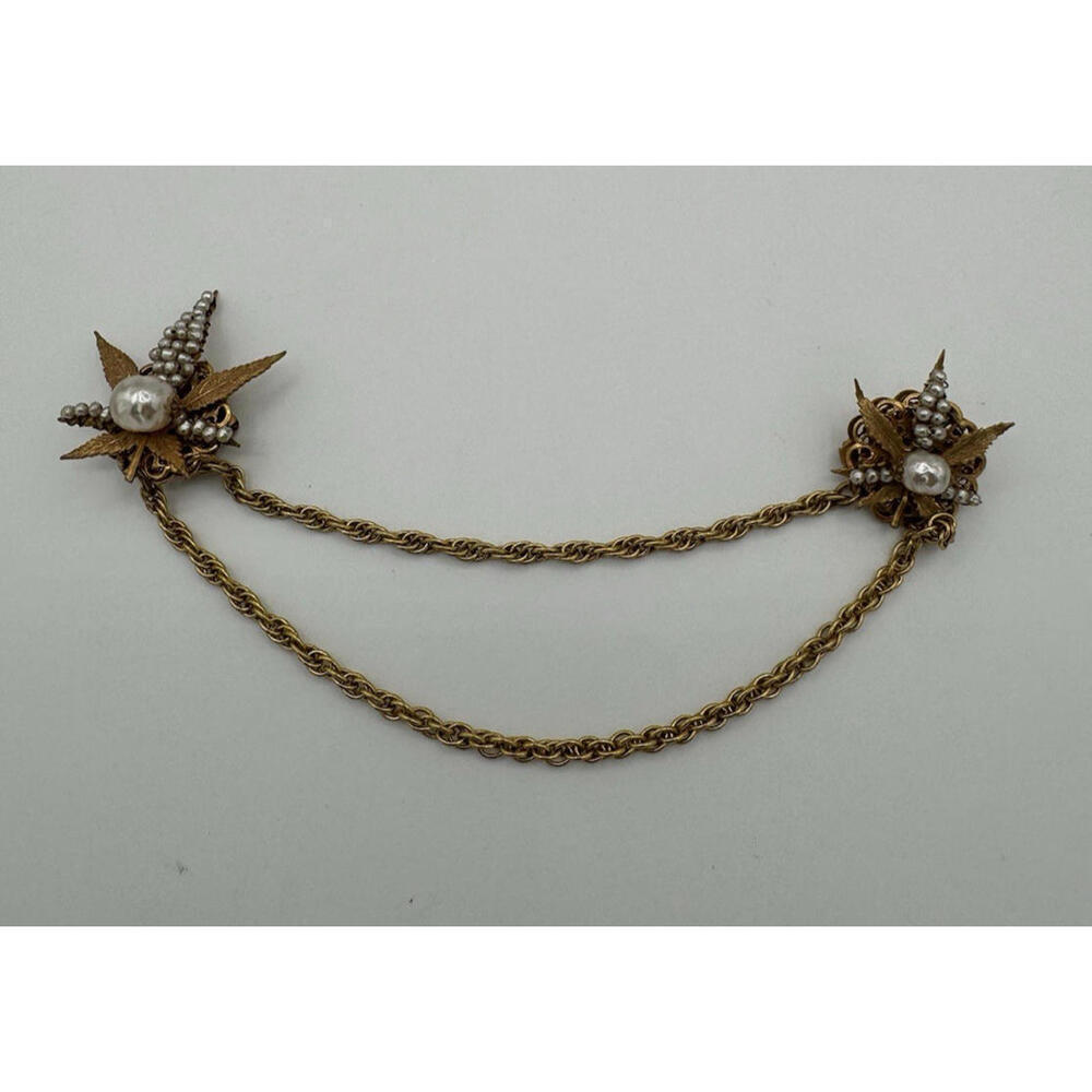 Vintage Miriam Haskell Signed Flower Collar Chain Brooch Gold Tone